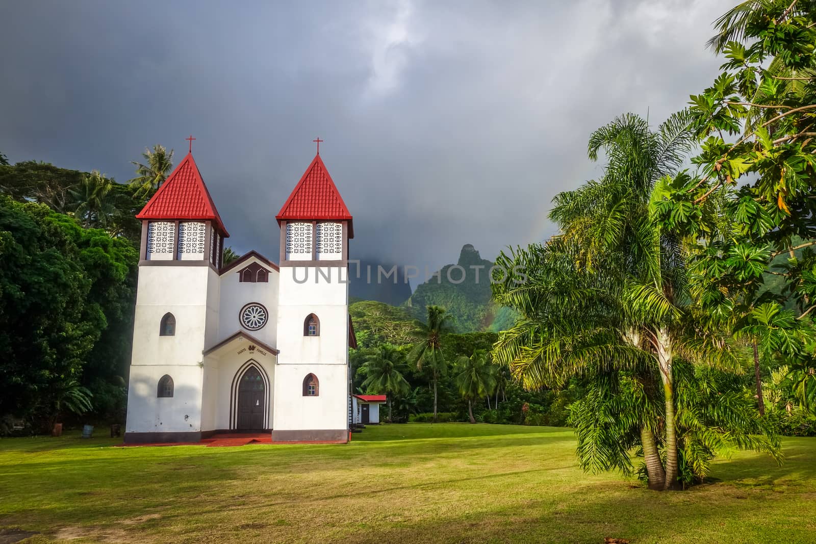 Haapiti church in Moorea island jungle, landscape by daboost