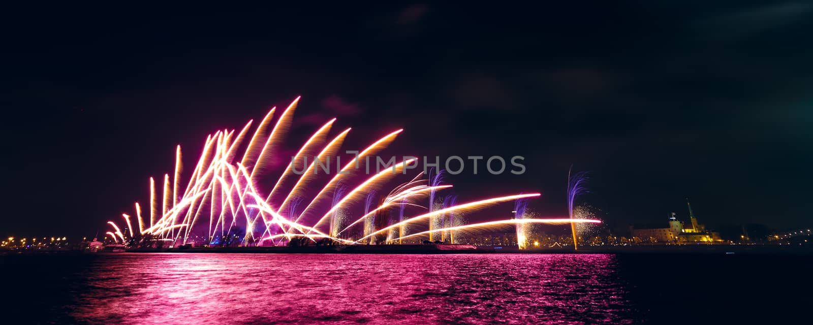 Colored New Year fireworks in centre of Riga