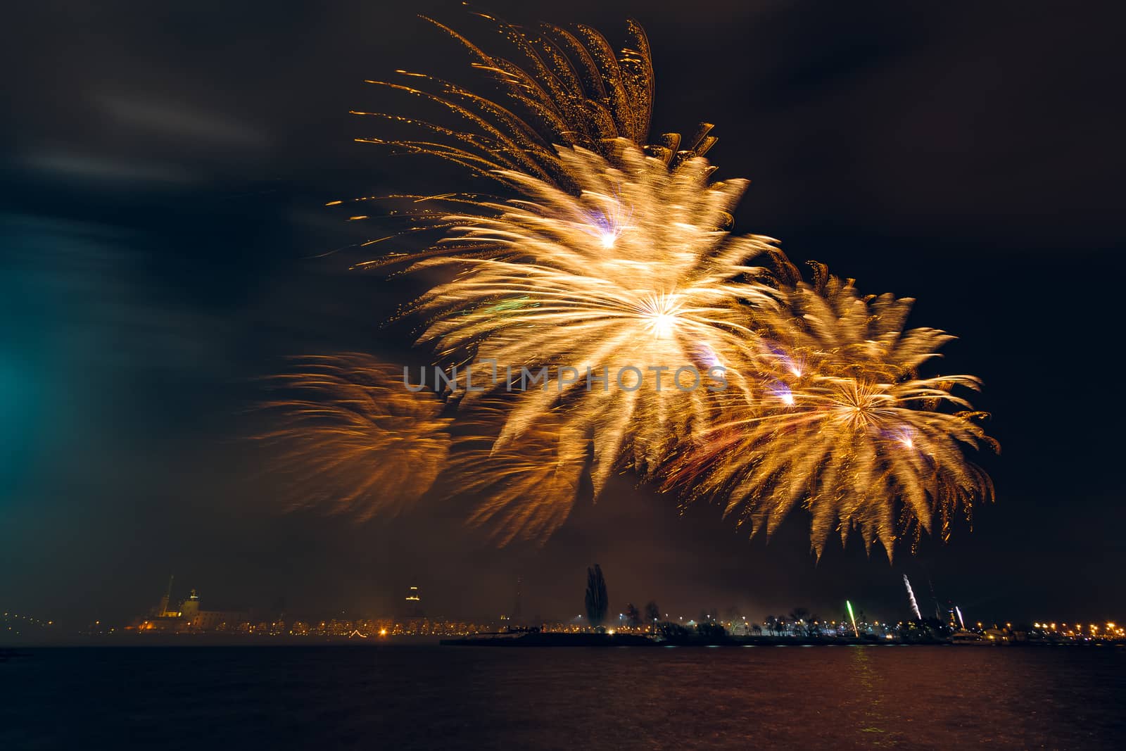 Colored New Year fireworks in centre of Riga