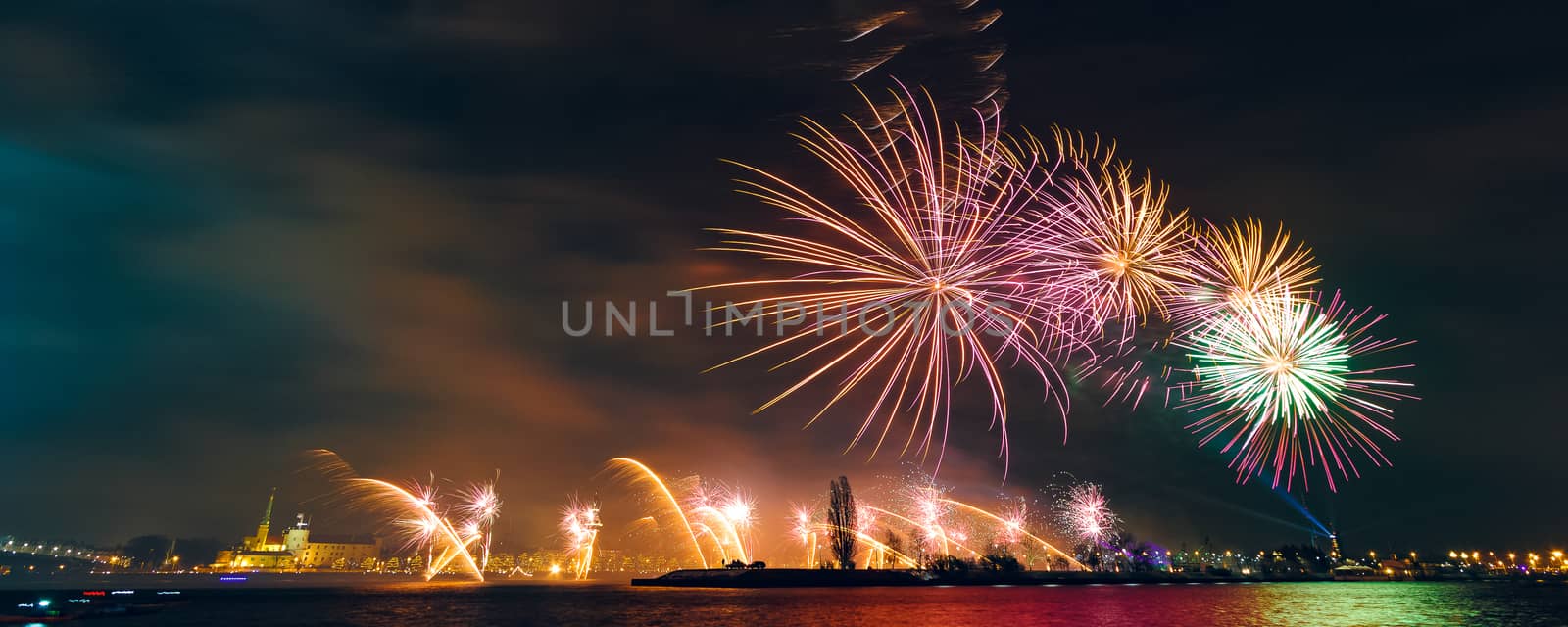 Colored New Year fireworks in centre of Riga