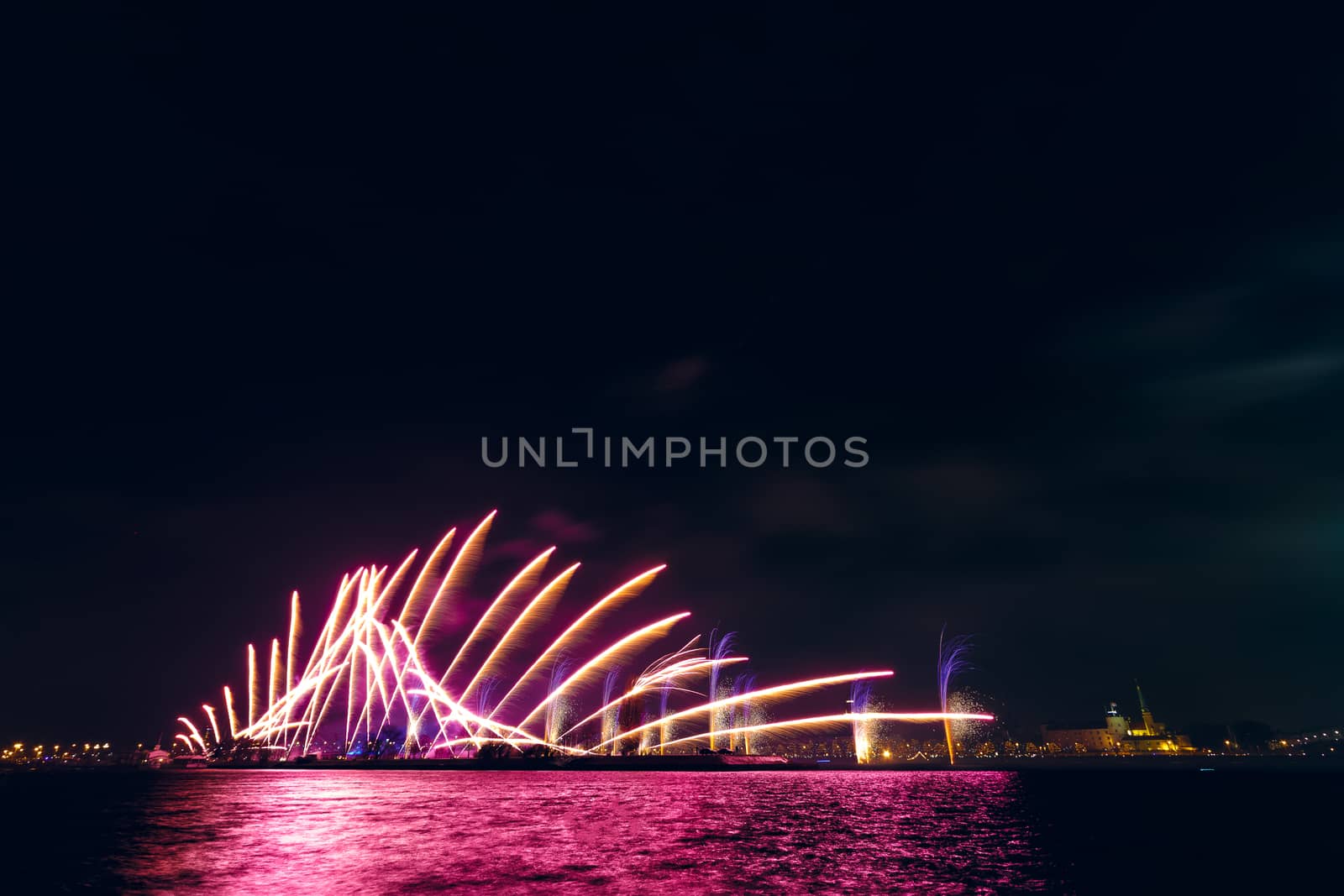 Colored New Year fireworks in centre of Riga