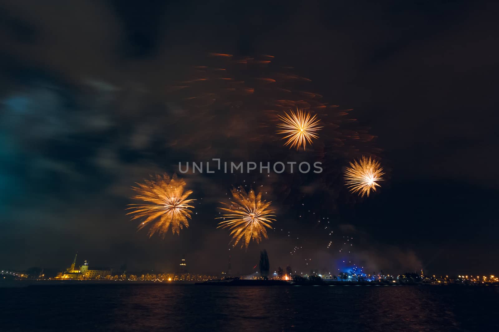 Colored New Year fireworks in centre of Riga