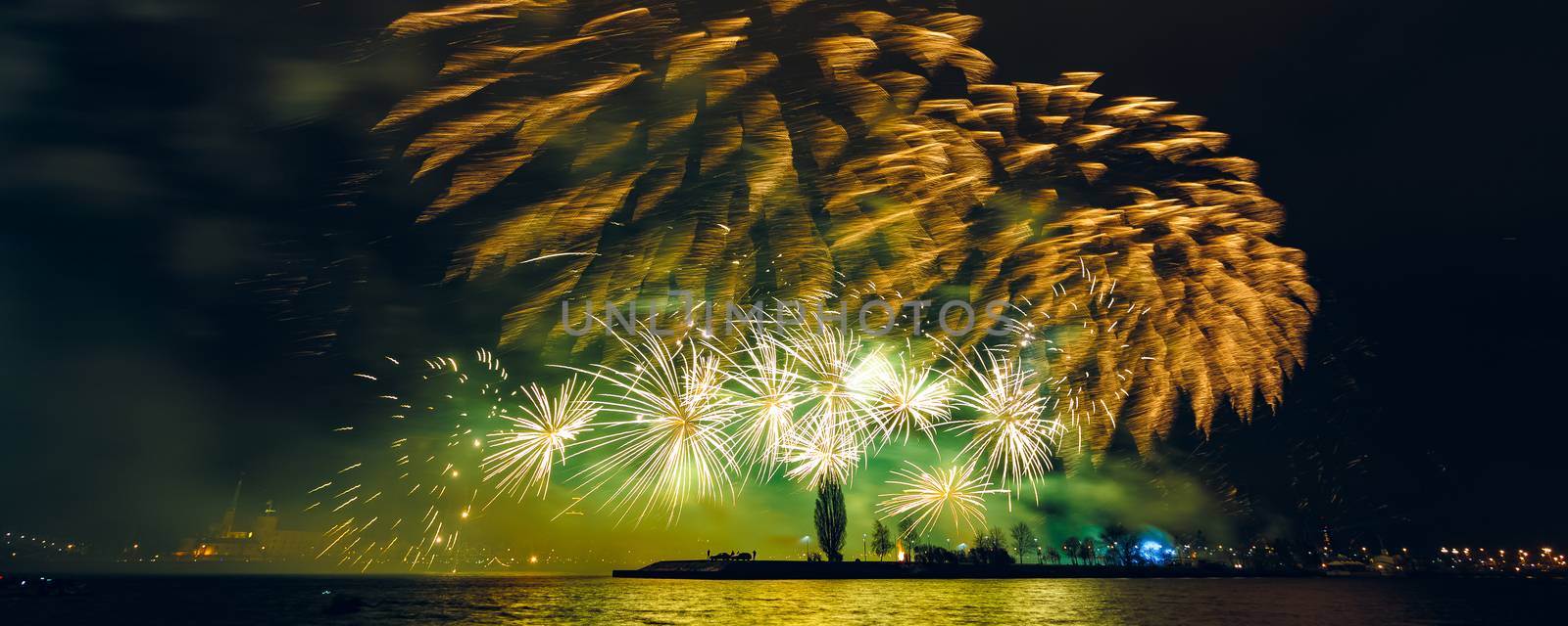 Colored New Year fireworks in centre of Riga