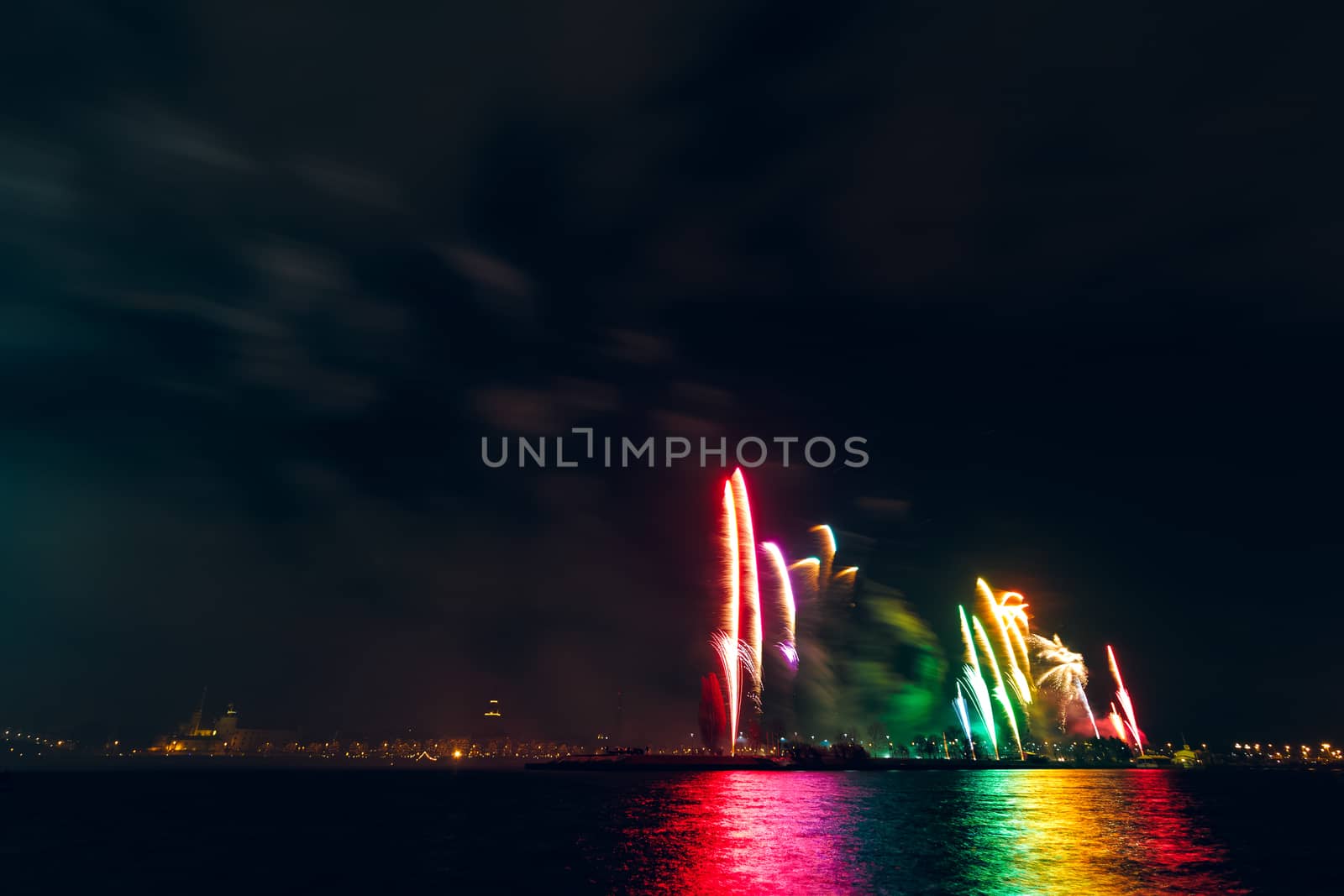 Colored New Year fireworks in centre of Riga