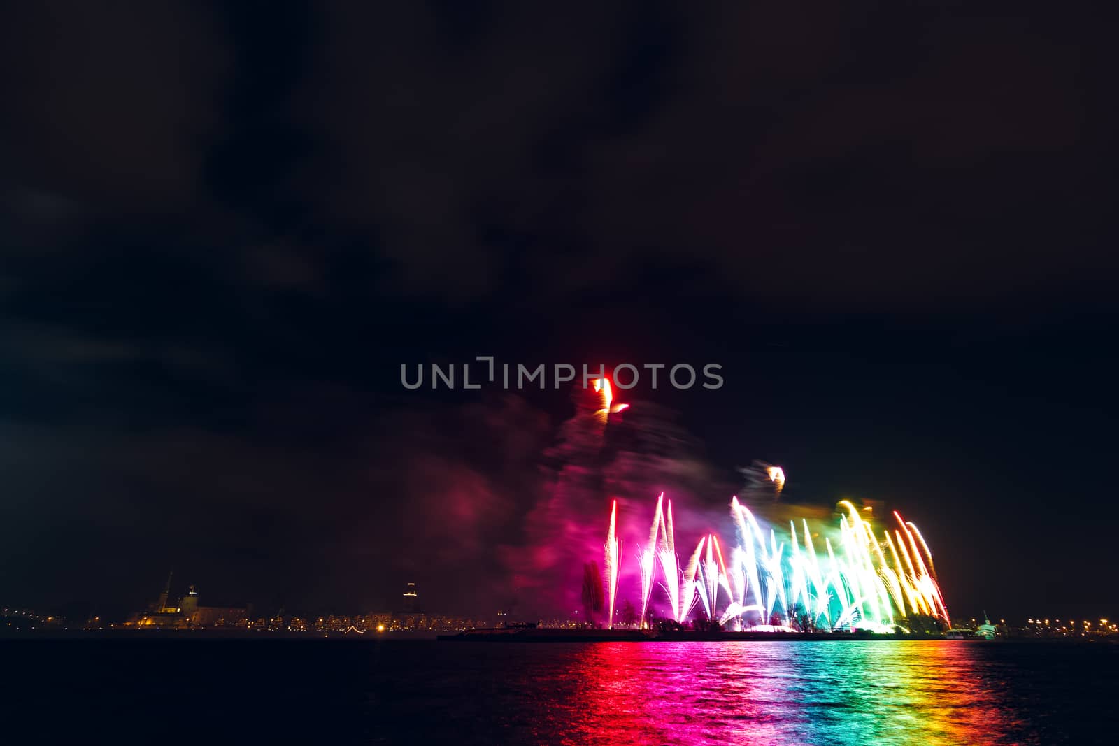 Colored New Year fireworks in centre of Riga