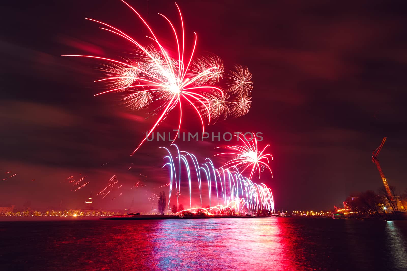 Colored New Year fireworks in centre of Riga