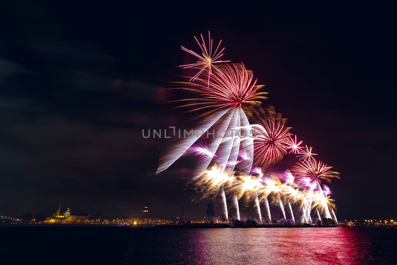 Colored New Year fireworks in centre of Riga