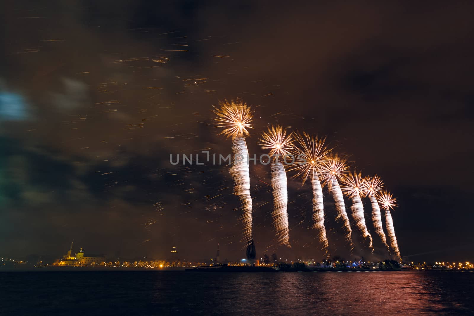Colored New Year fireworks in centre of Riga
