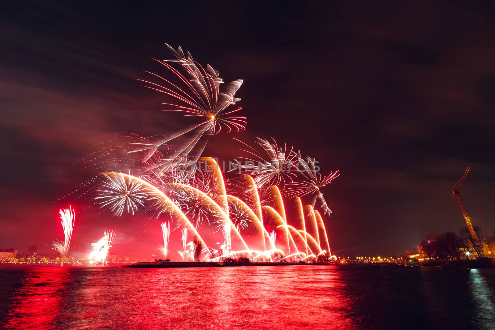 Colored New Year fireworks in centre of Riga