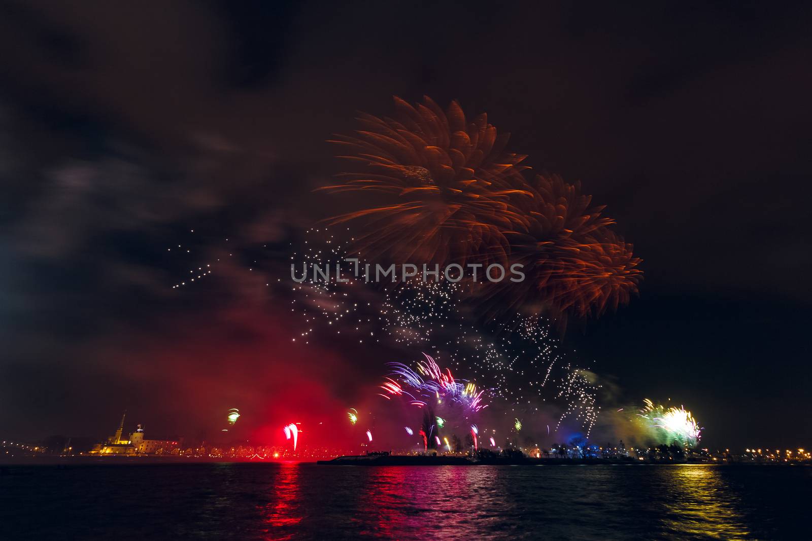Colored New Year fireworks in centre of Riga