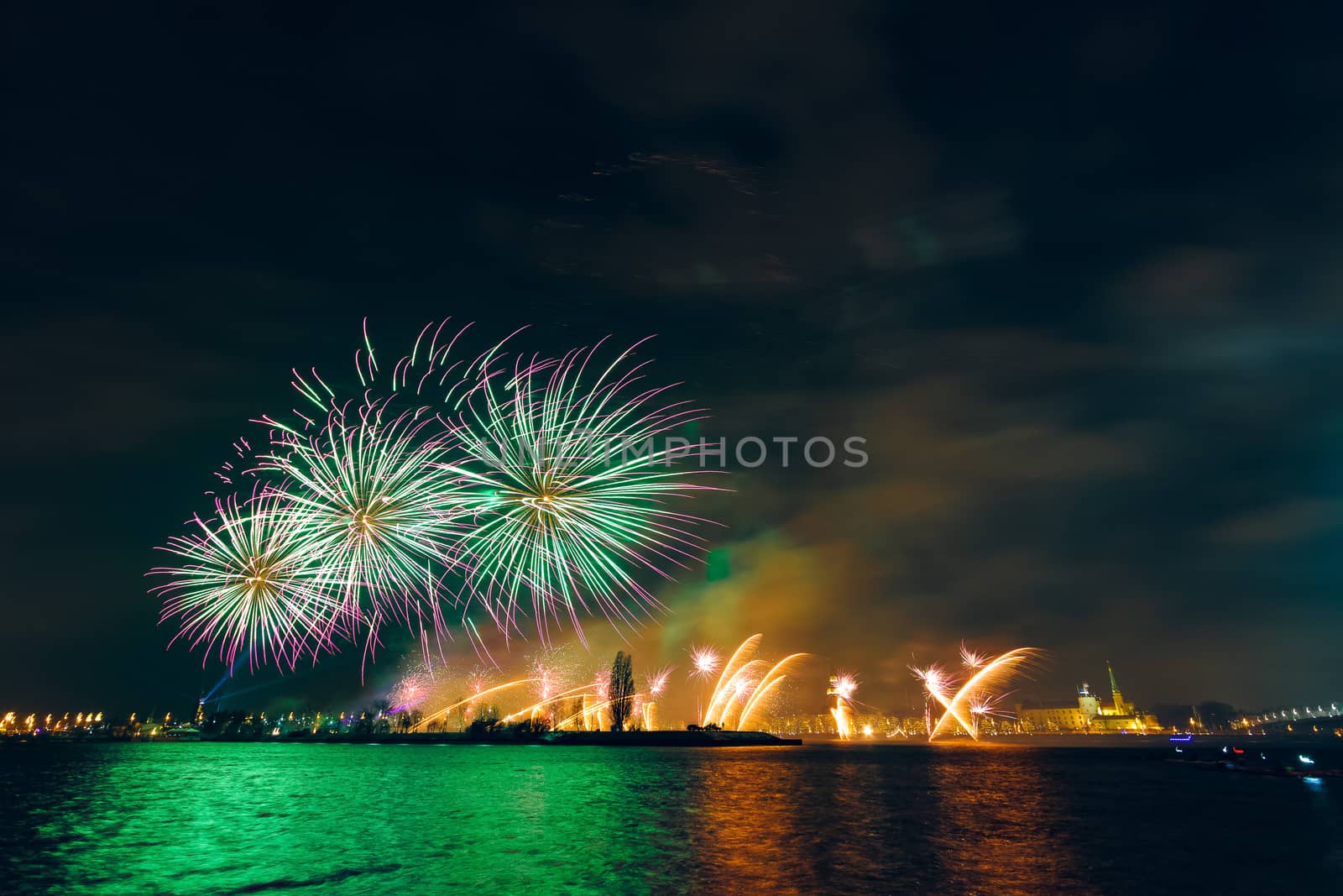 Colored New Year fireworks in centre of Riga