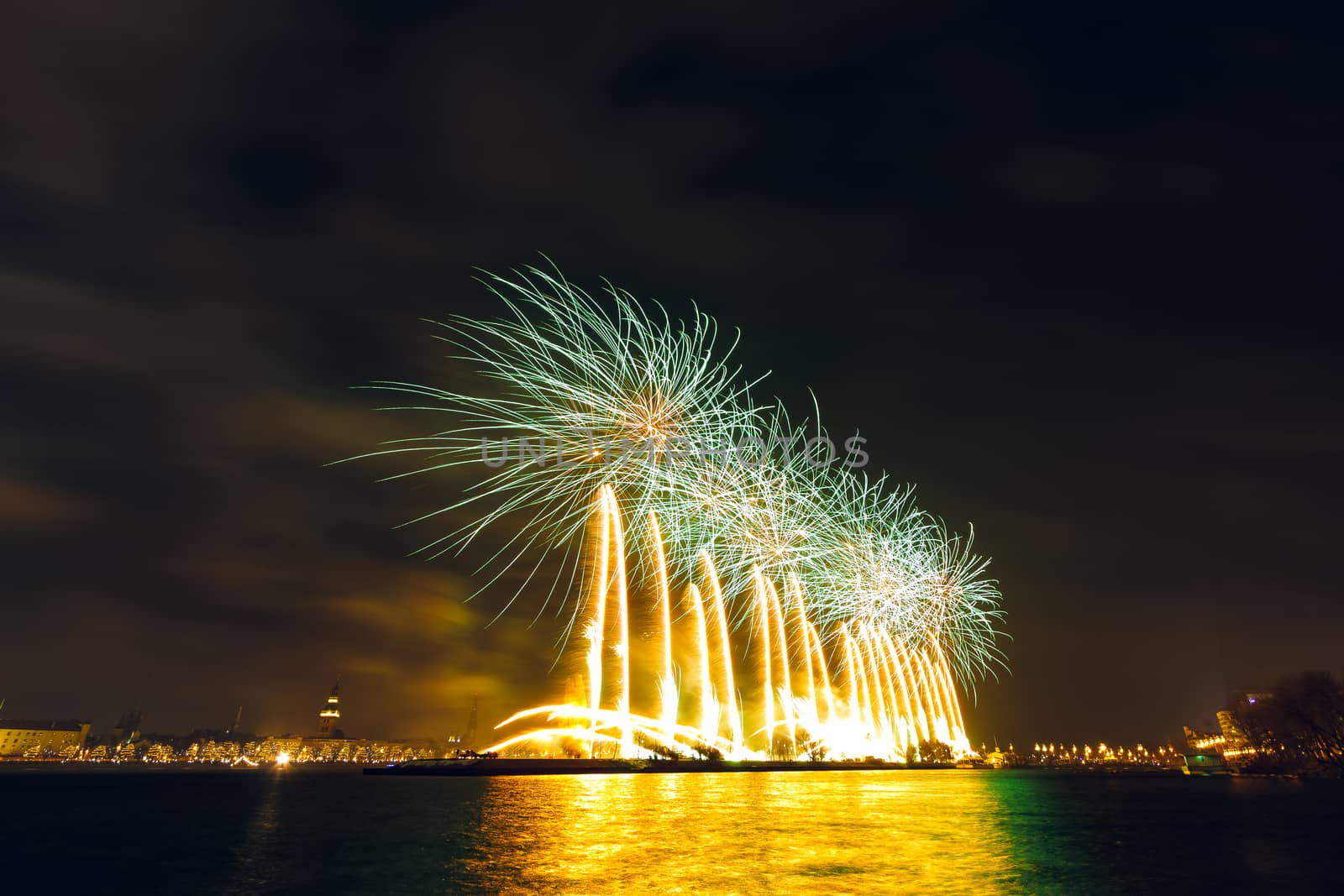Colored New Year fireworks in centre of Riga