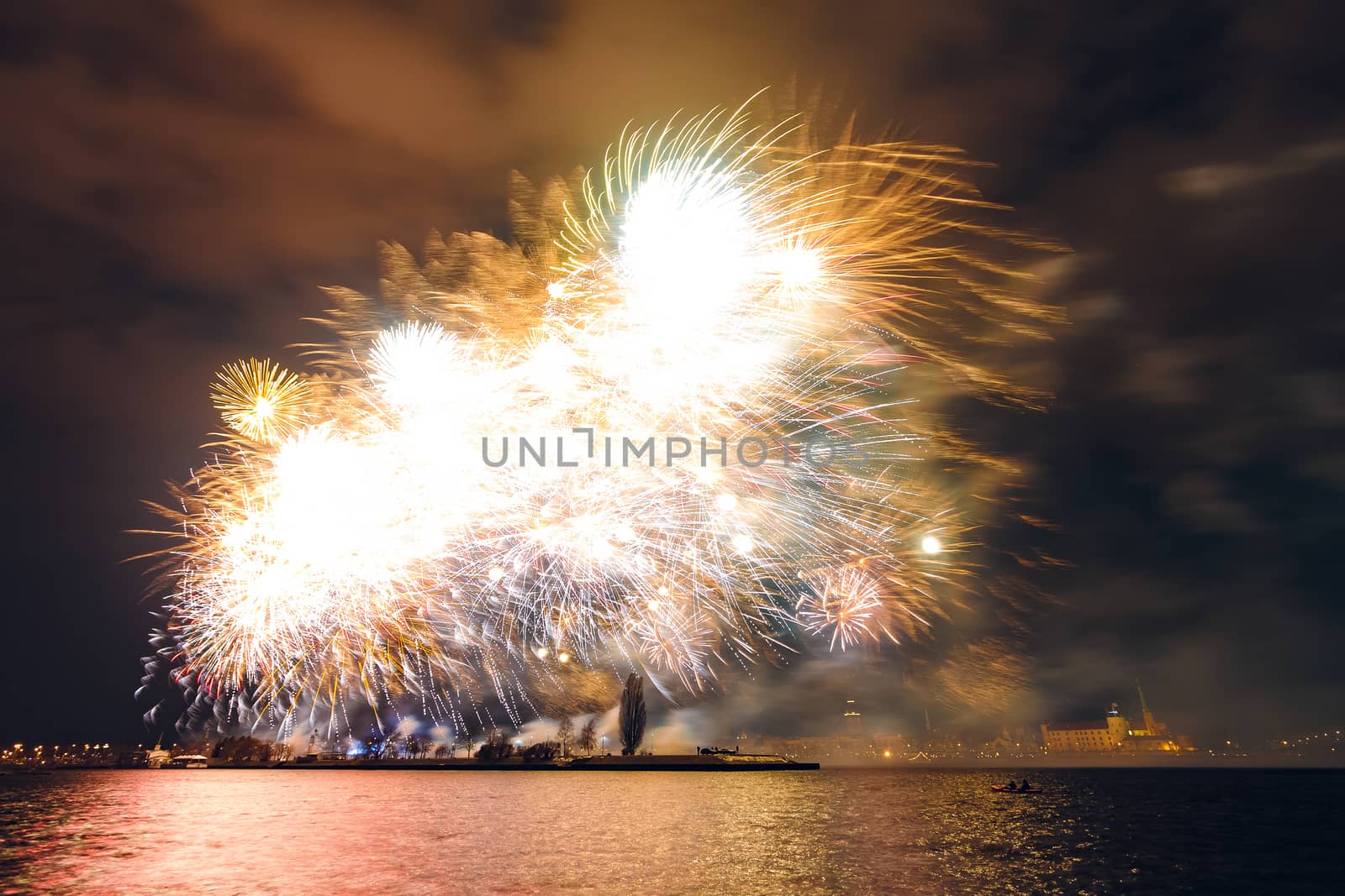 Colored New Year fireworks in centre of Riga