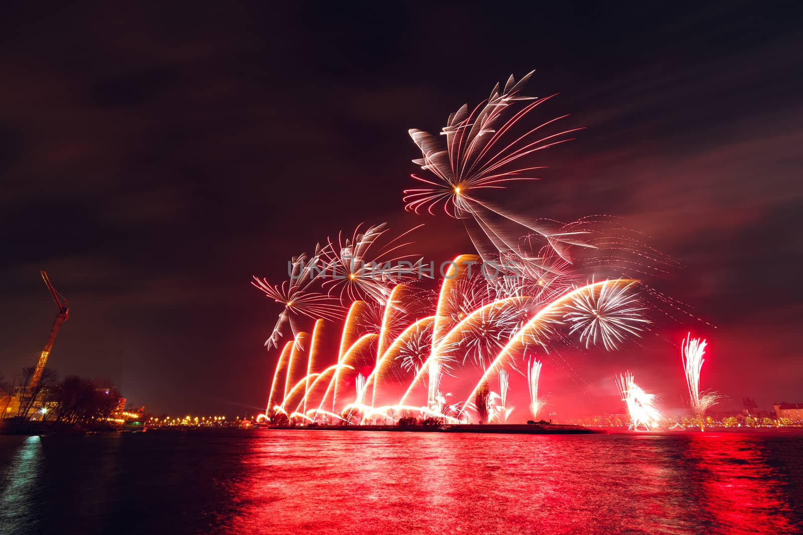 Colored New Year fireworks in centre of Riga