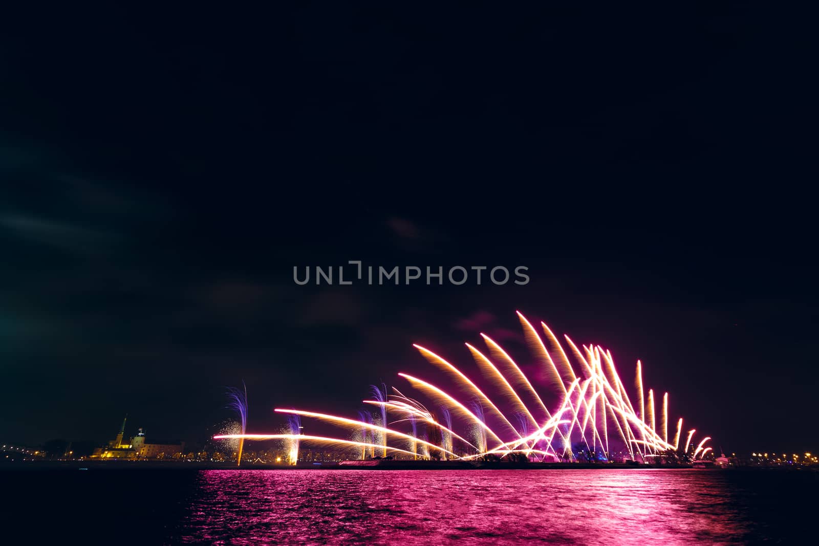 Colored New Year fireworks in centre of Riga