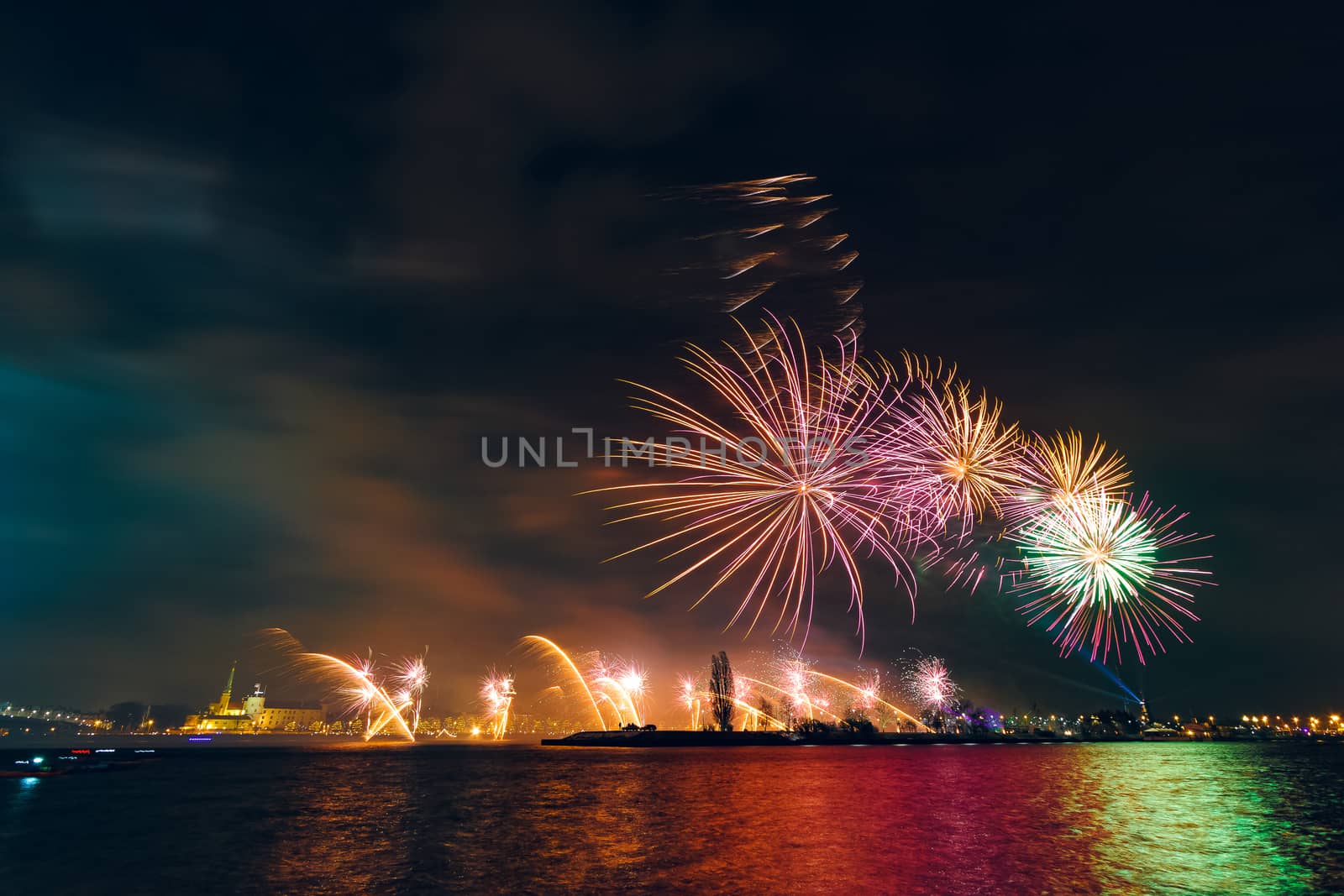 Colored New Year fireworks in centre of Riga