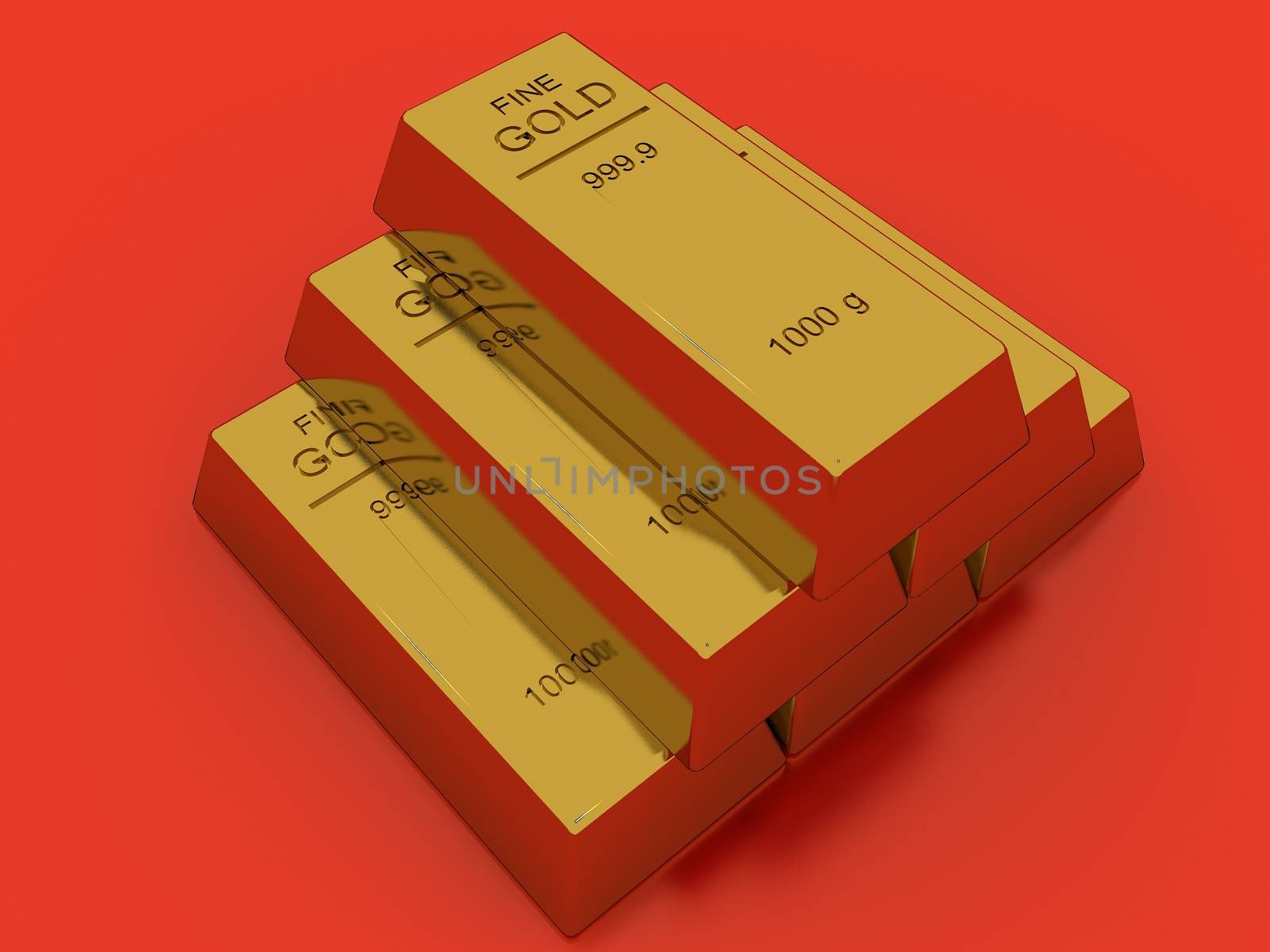 Gold bars isolated on red