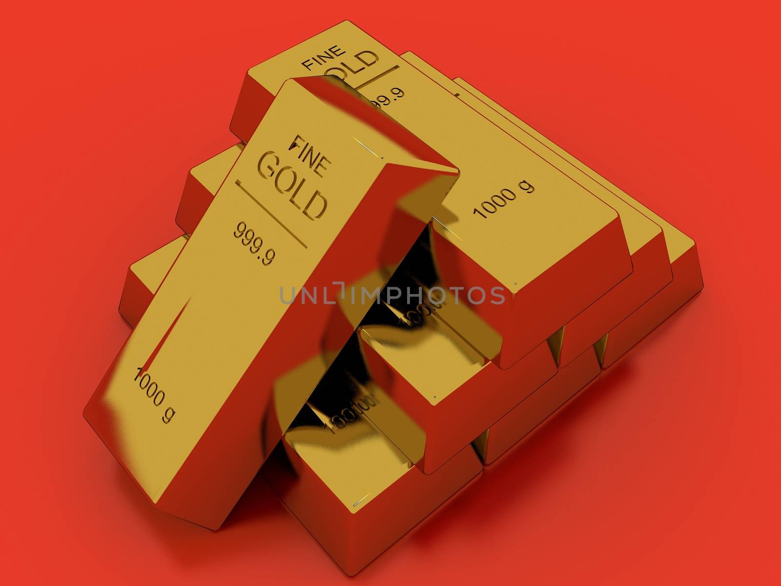 Gold bars isolated on red