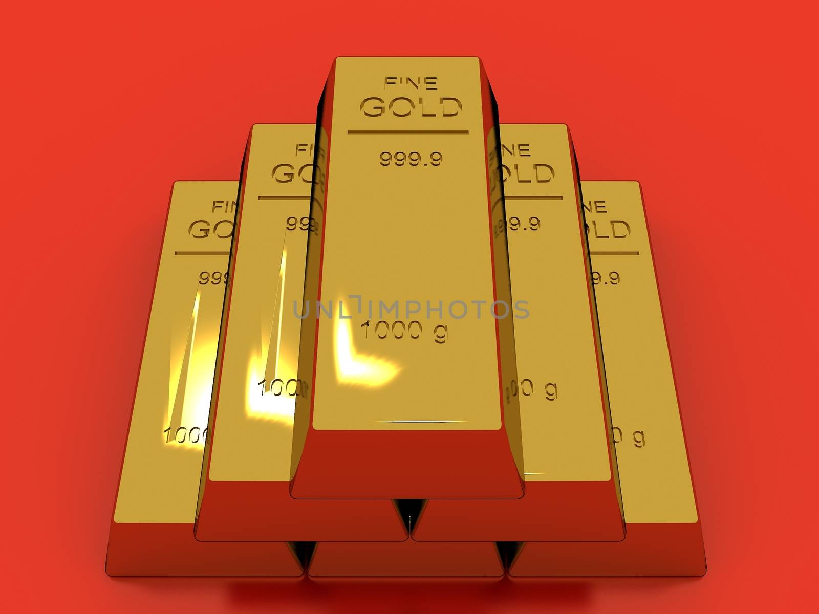 Gold bars isolated on red