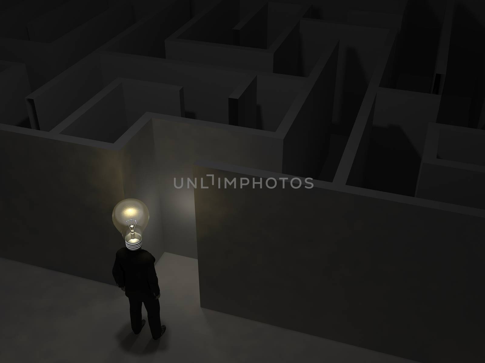 Businessman with bulb  in front of a   mysterious maze