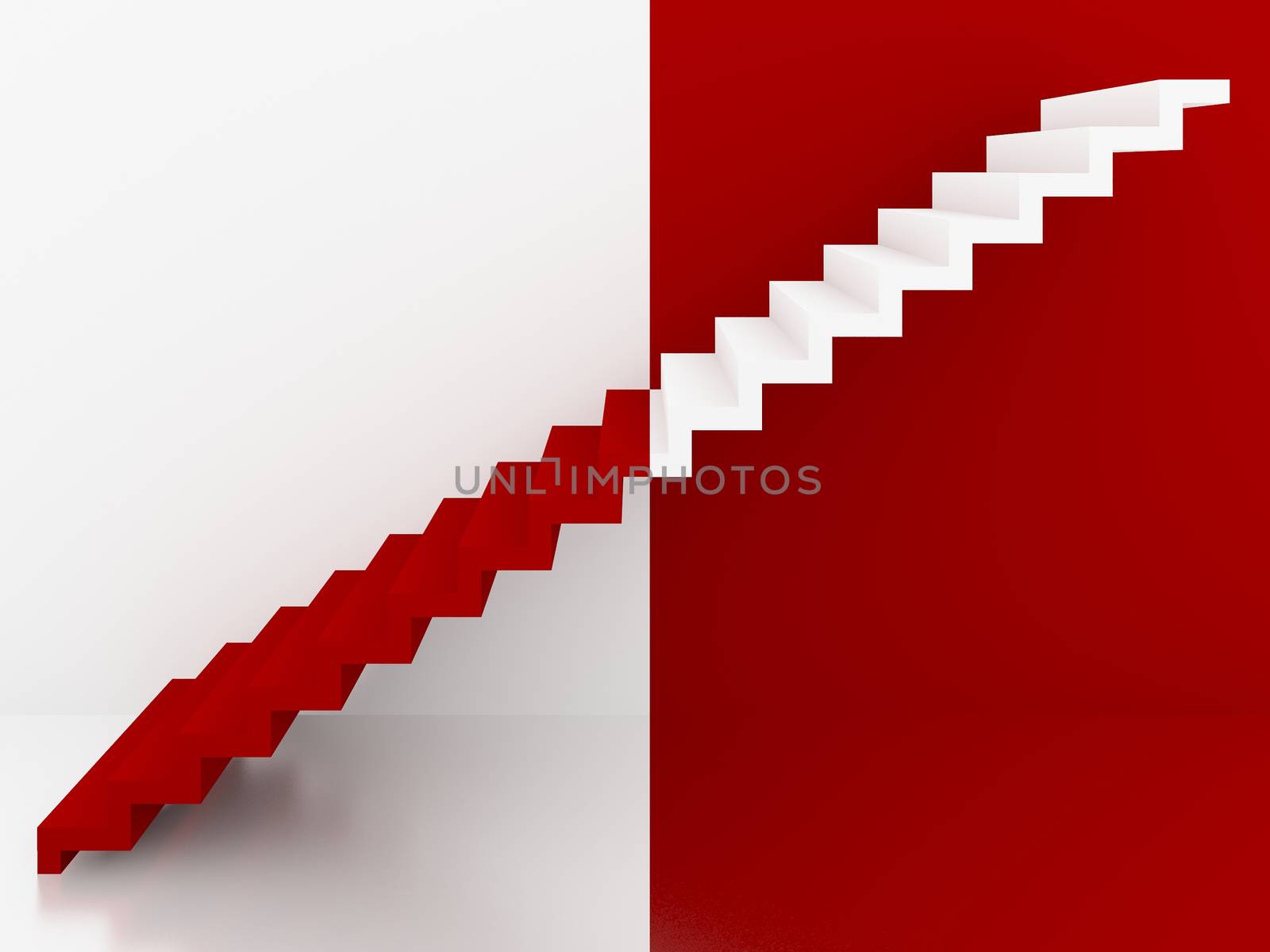 red and white stairs in interior, 3d