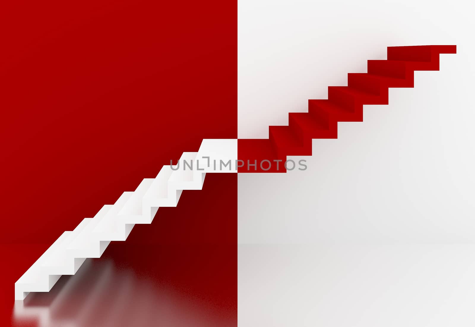 red and white stairs in interior, 3d