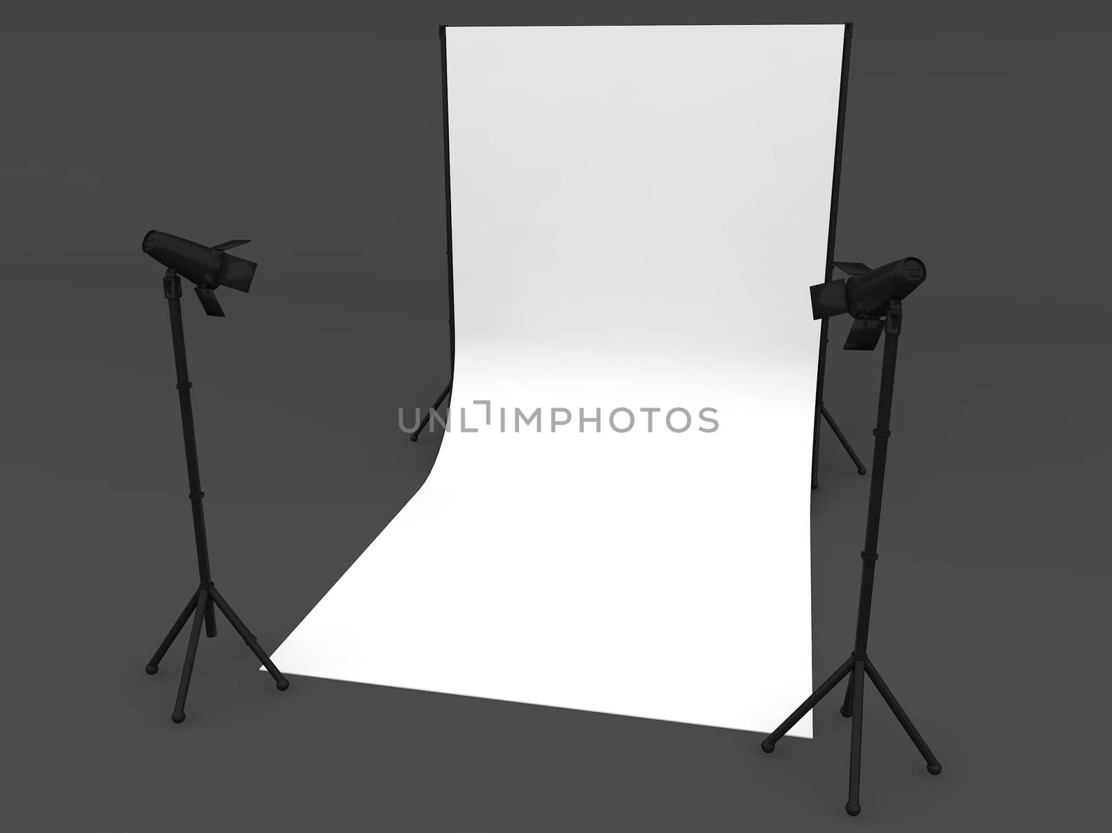 Photo Studio with White Screen a isolated on grey background  ,3d rendering
