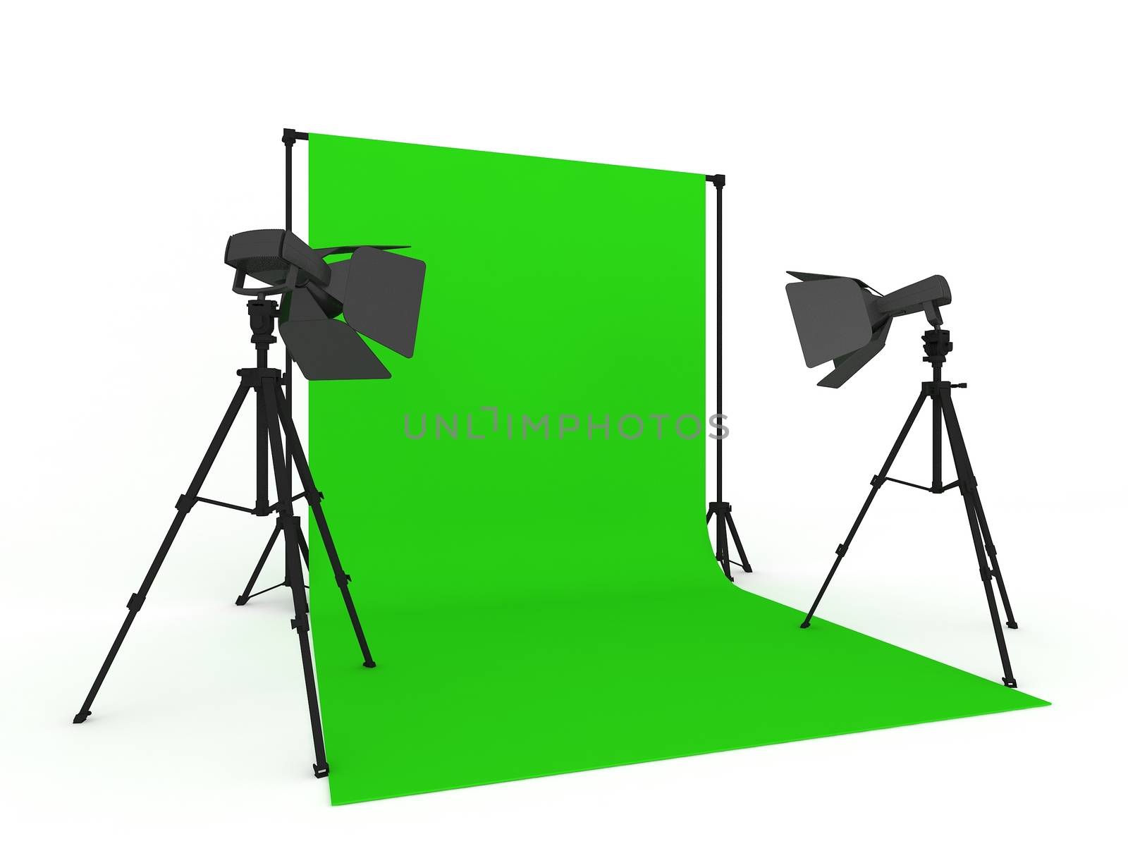 Photo Studio with Green Screen a isolated on white background  ,3d rendering