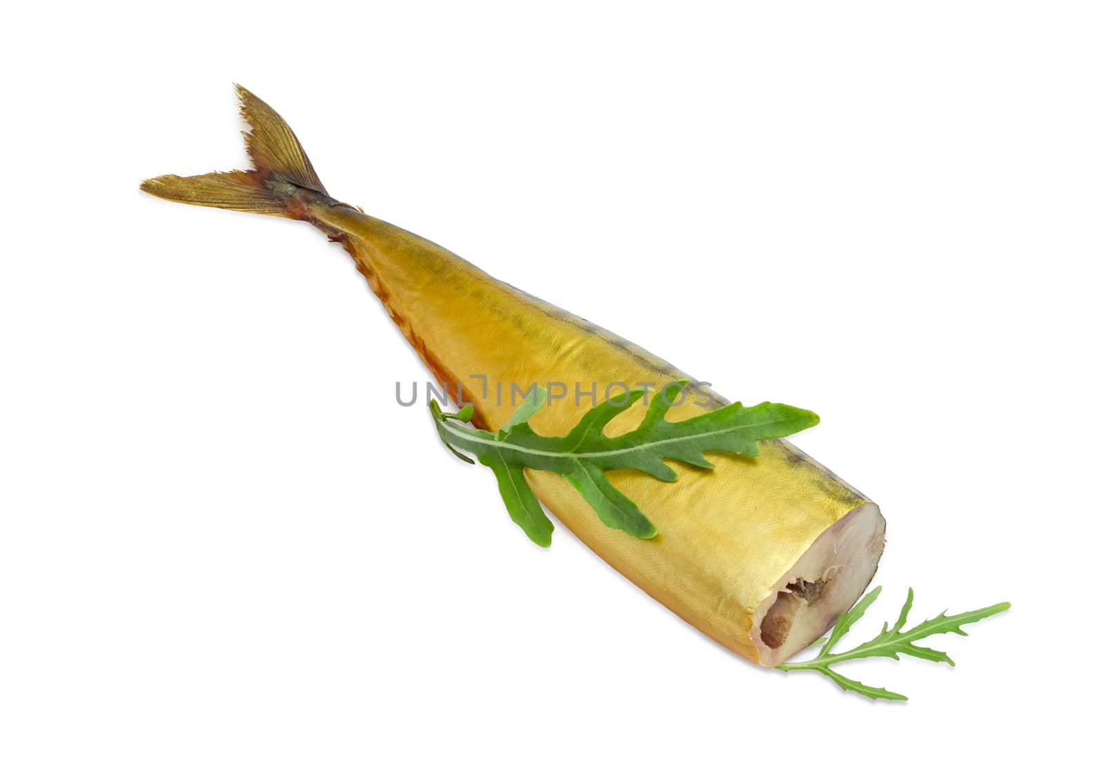 Whole cold-smoked Atlantic mackerel with two arugula leaves on a light background
