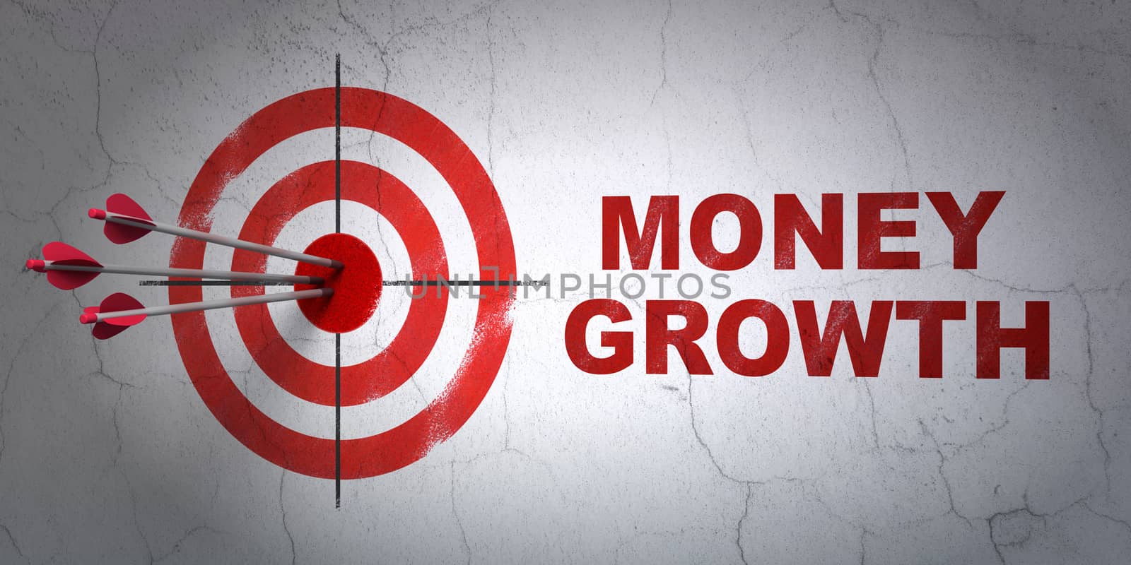 Success money concept: arrows hitting the center of target, Red Money Growth on wall background, 3D rendering