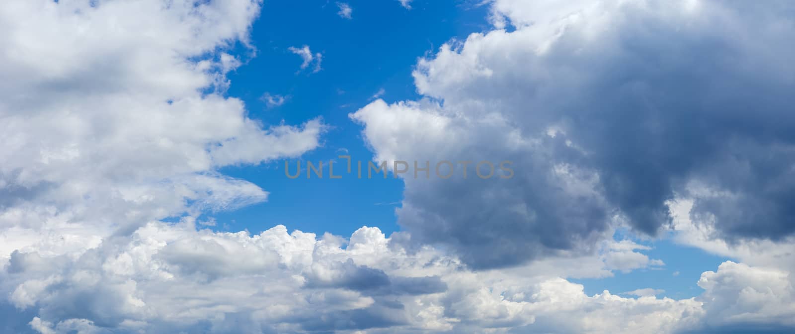 Background of a panoramic view of the sky with cumulus and storm clouds in summer day
