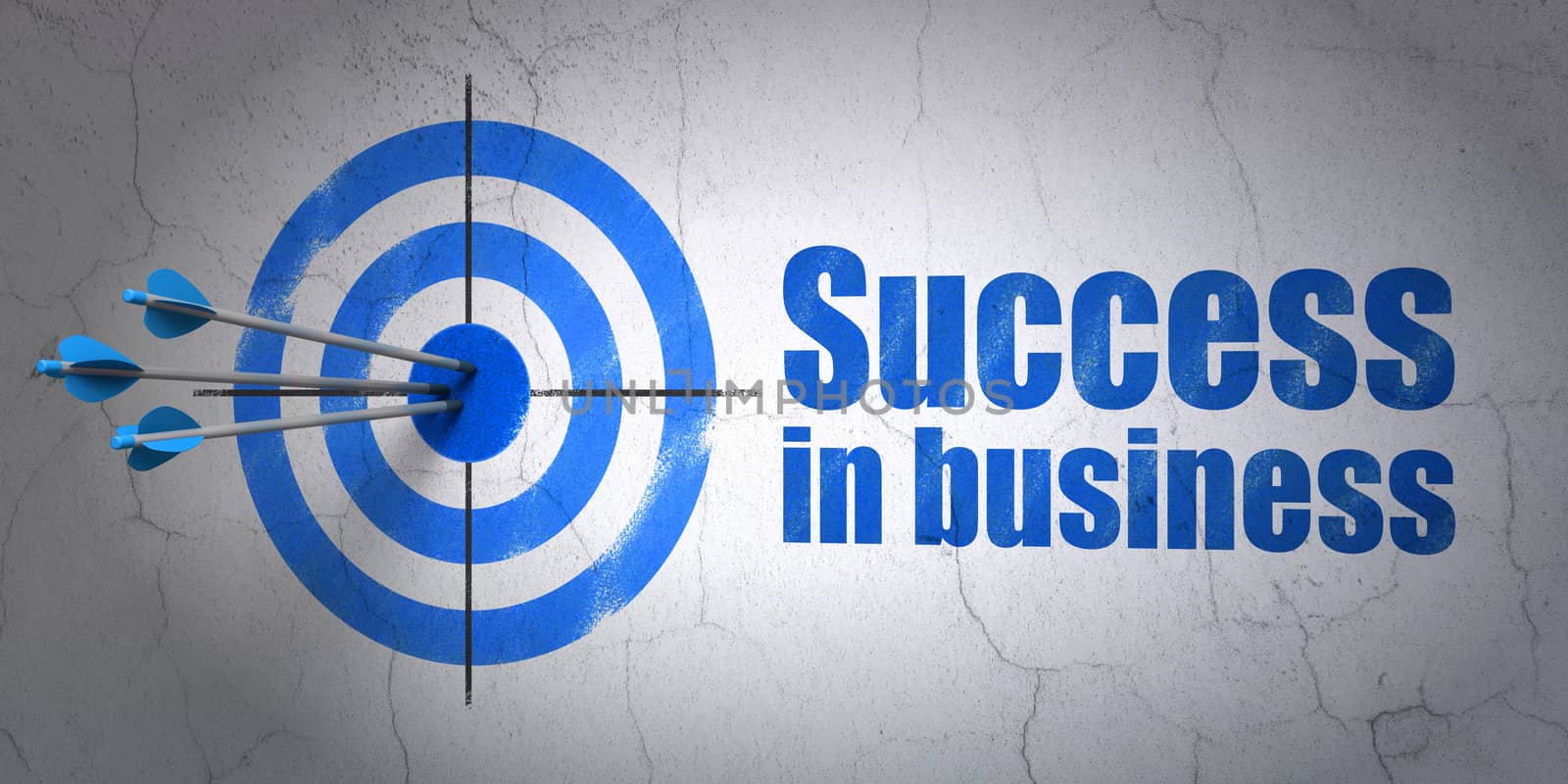 Success finance concept: arrows hitting the center of target, Blue Success In business on wall background, 3D rendering