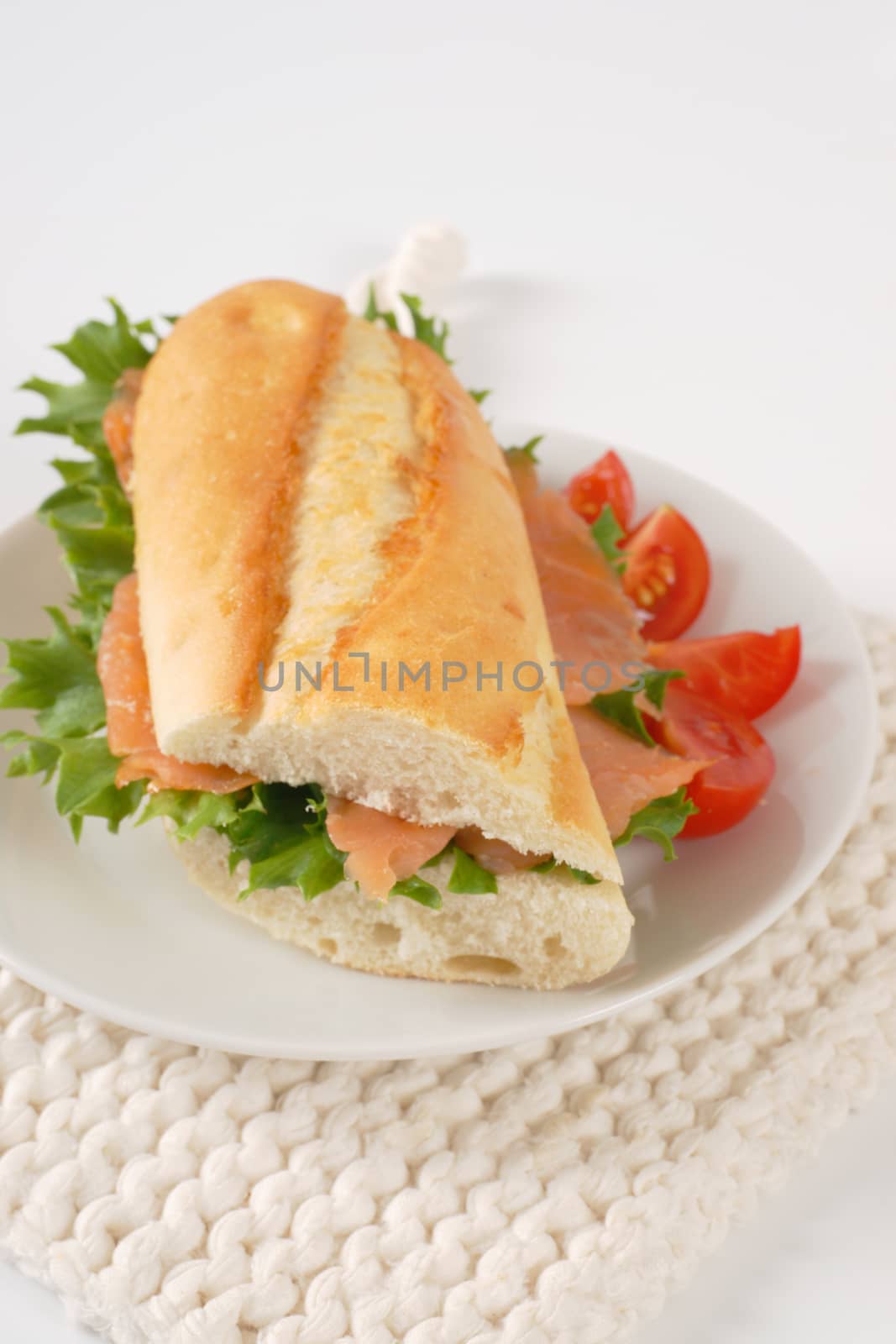 French bread sandwich with smoked salmon on white plate