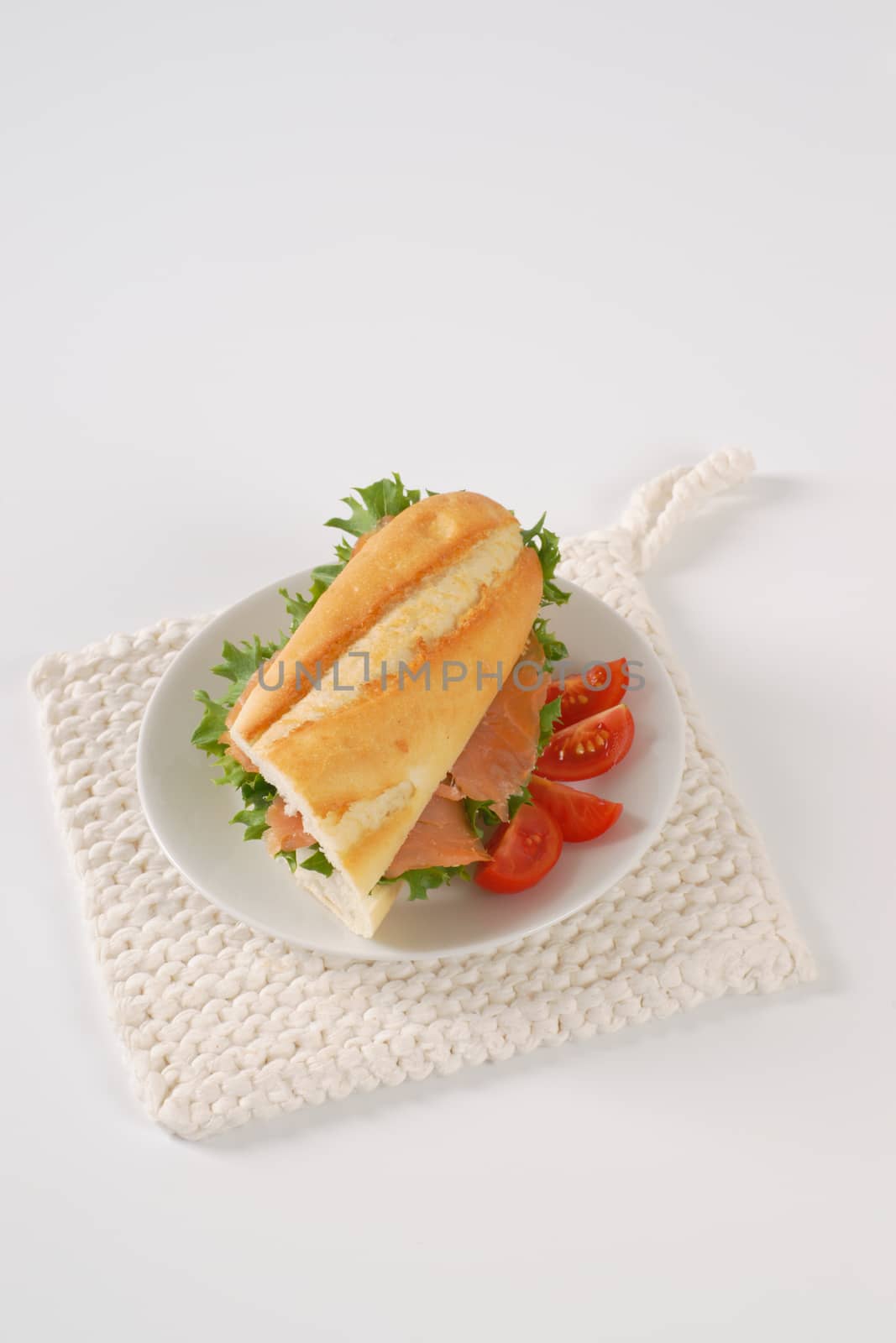 French bread sandwich with smoked salmon on white plate