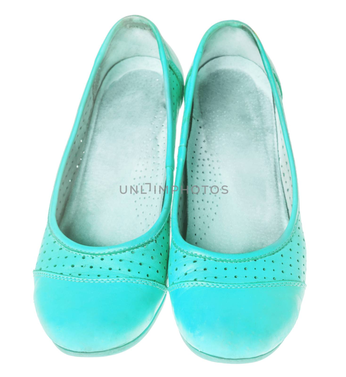 Comfortable blue leather flat shoes isolated on white