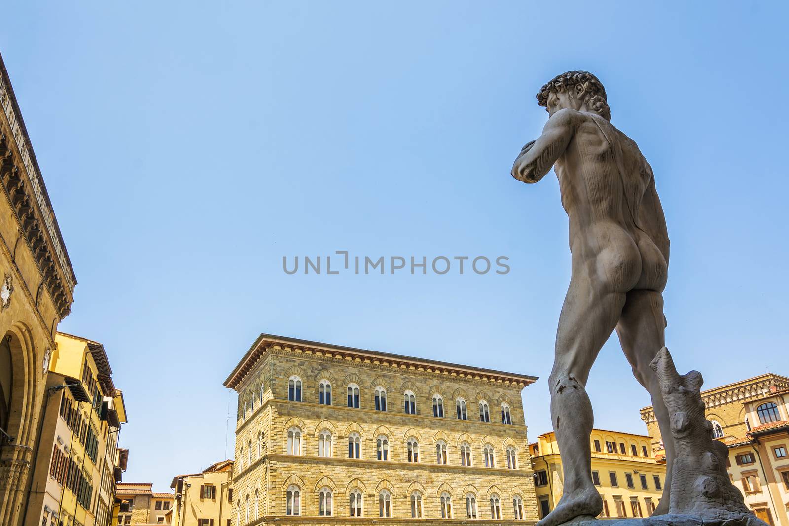 Copy of Michelangelo's David statue standing in its original location, in front of the Palazzo Vecchio at Piazza della Signoria in Florence, Italy