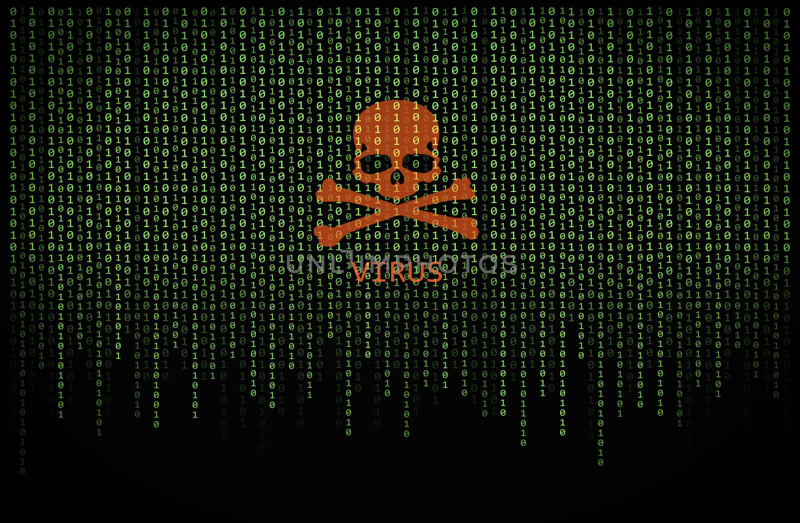 Red skull virus on green binary computer code background