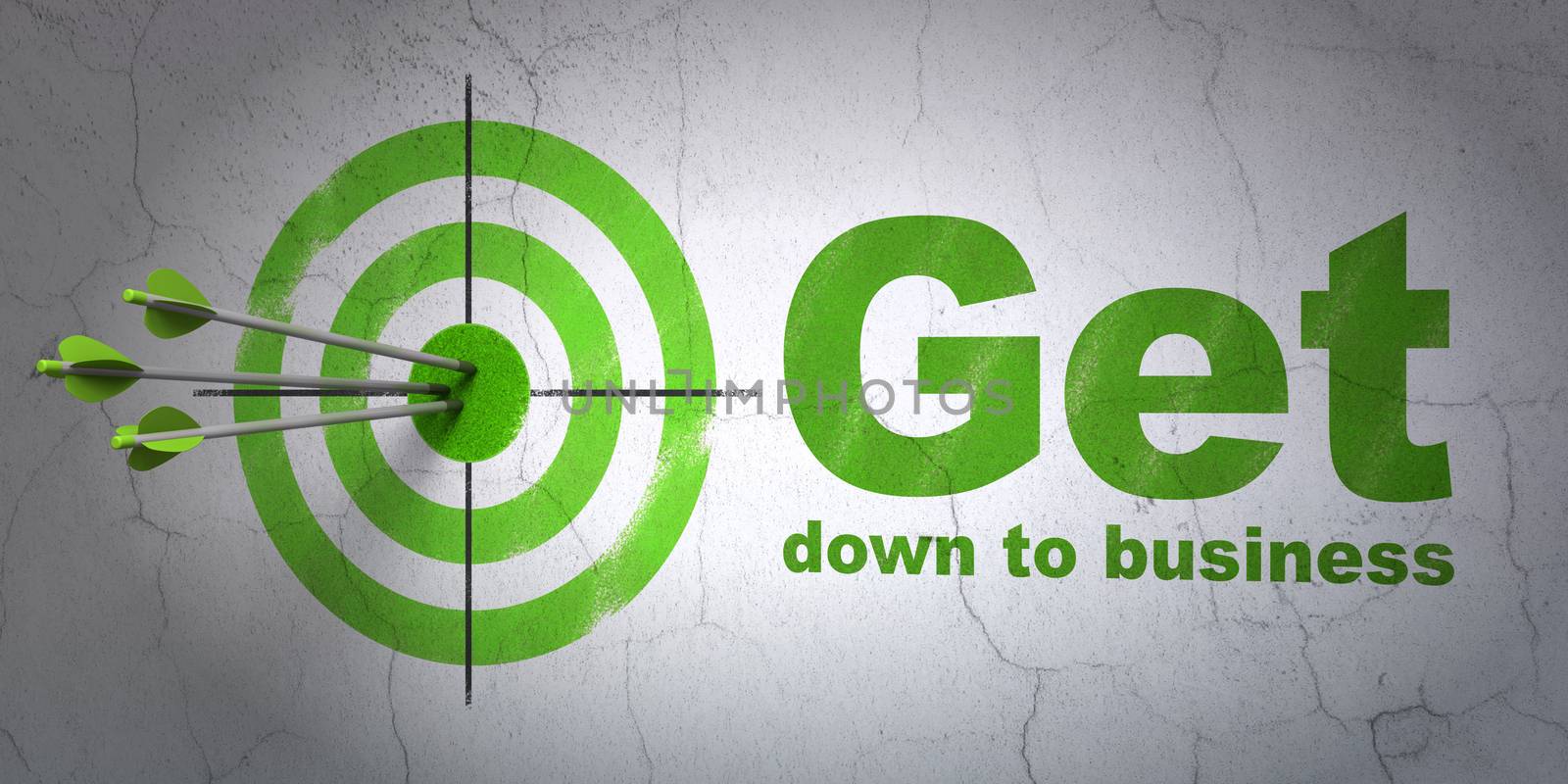 Success finance concept: arrows hitting the center of target, Green Get Down to business on wall background, 3D rendering