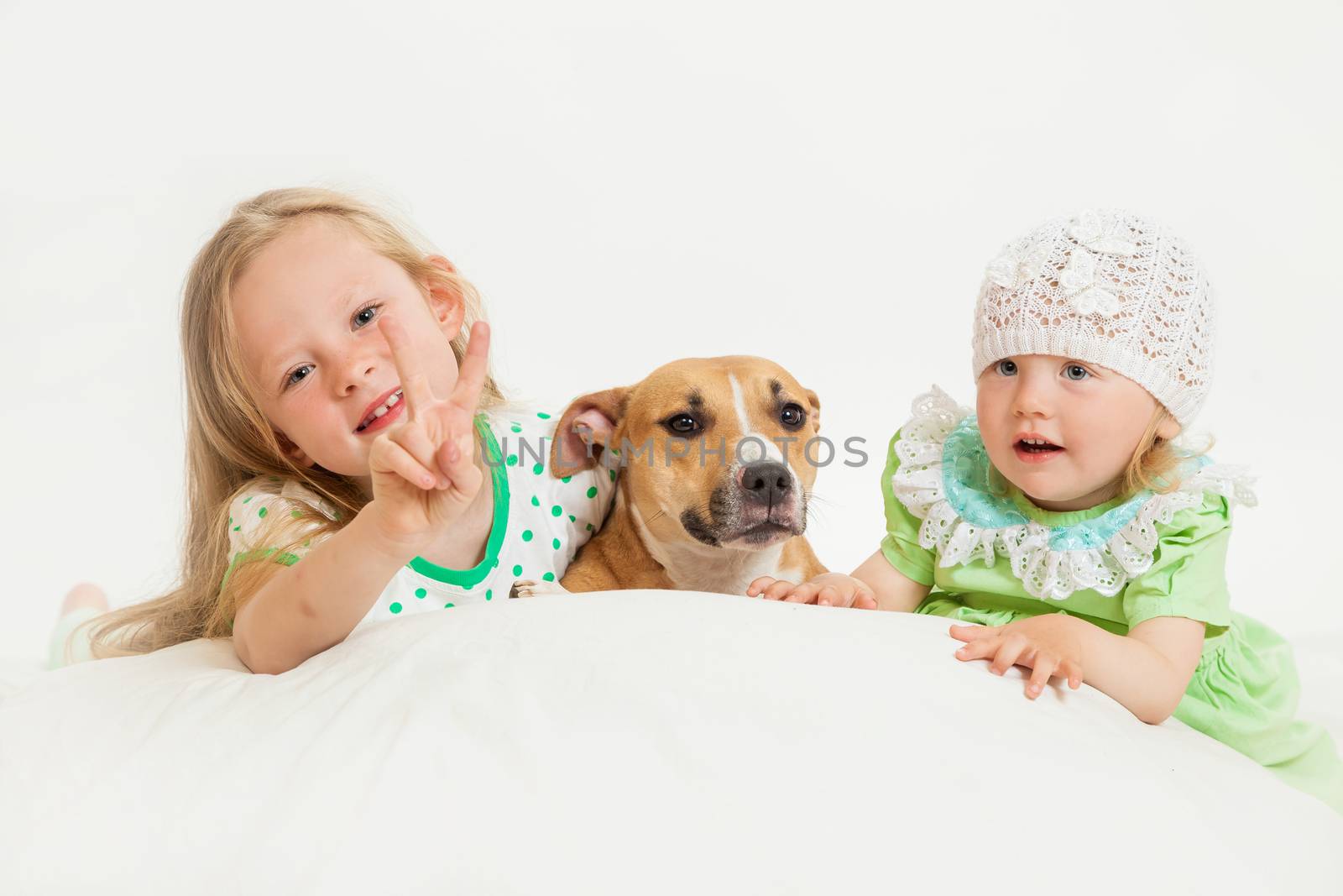 two little girls and dog on the isolated background