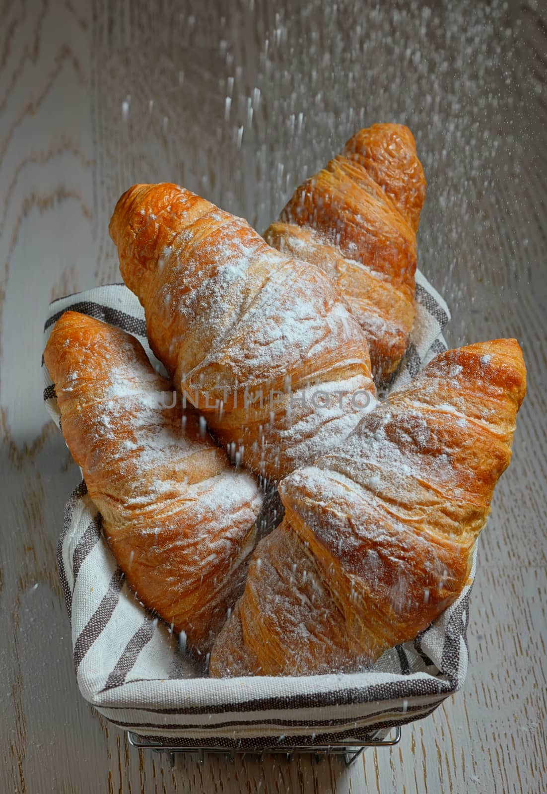 croissants in a basket on wooden table