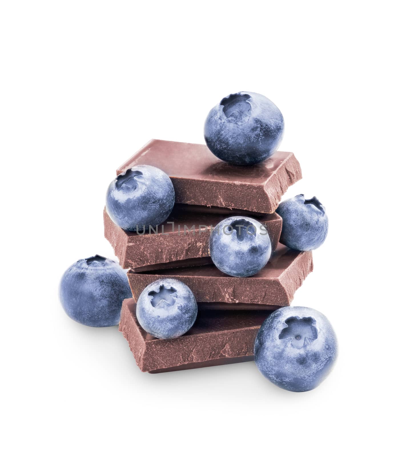 Stack of dark chocolate and fresh ripe blueberries. Blueberry and chocolate isolated on white background with clipping path.