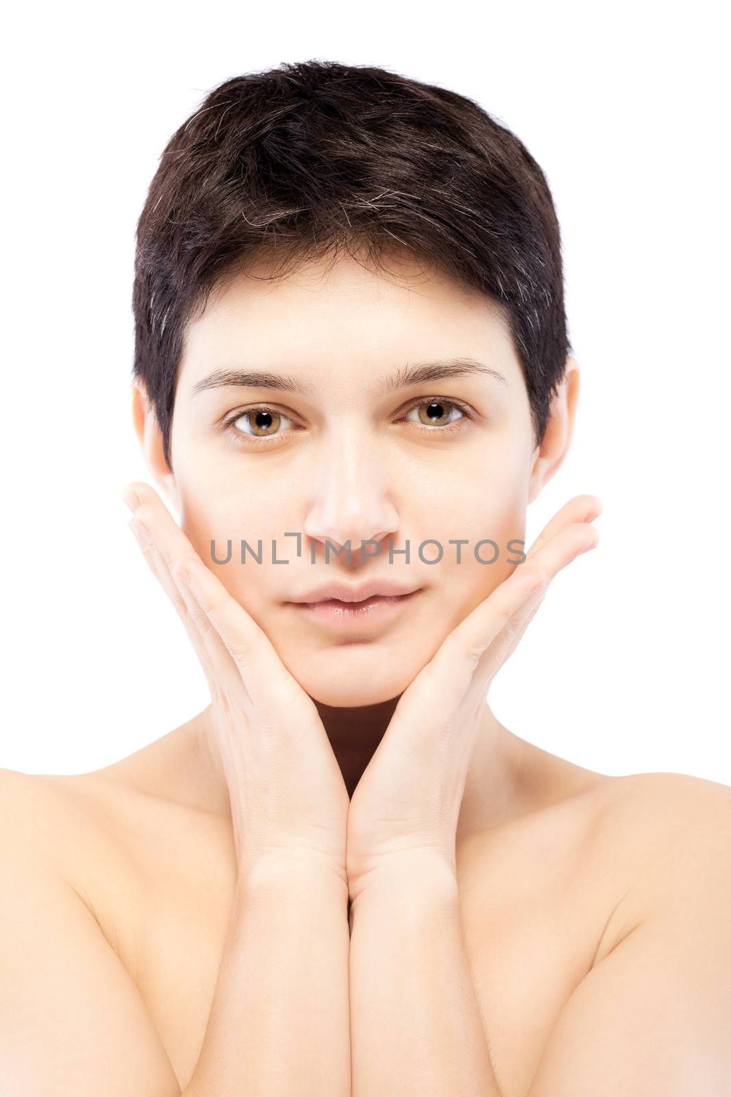 girl with a short hairtouching her face