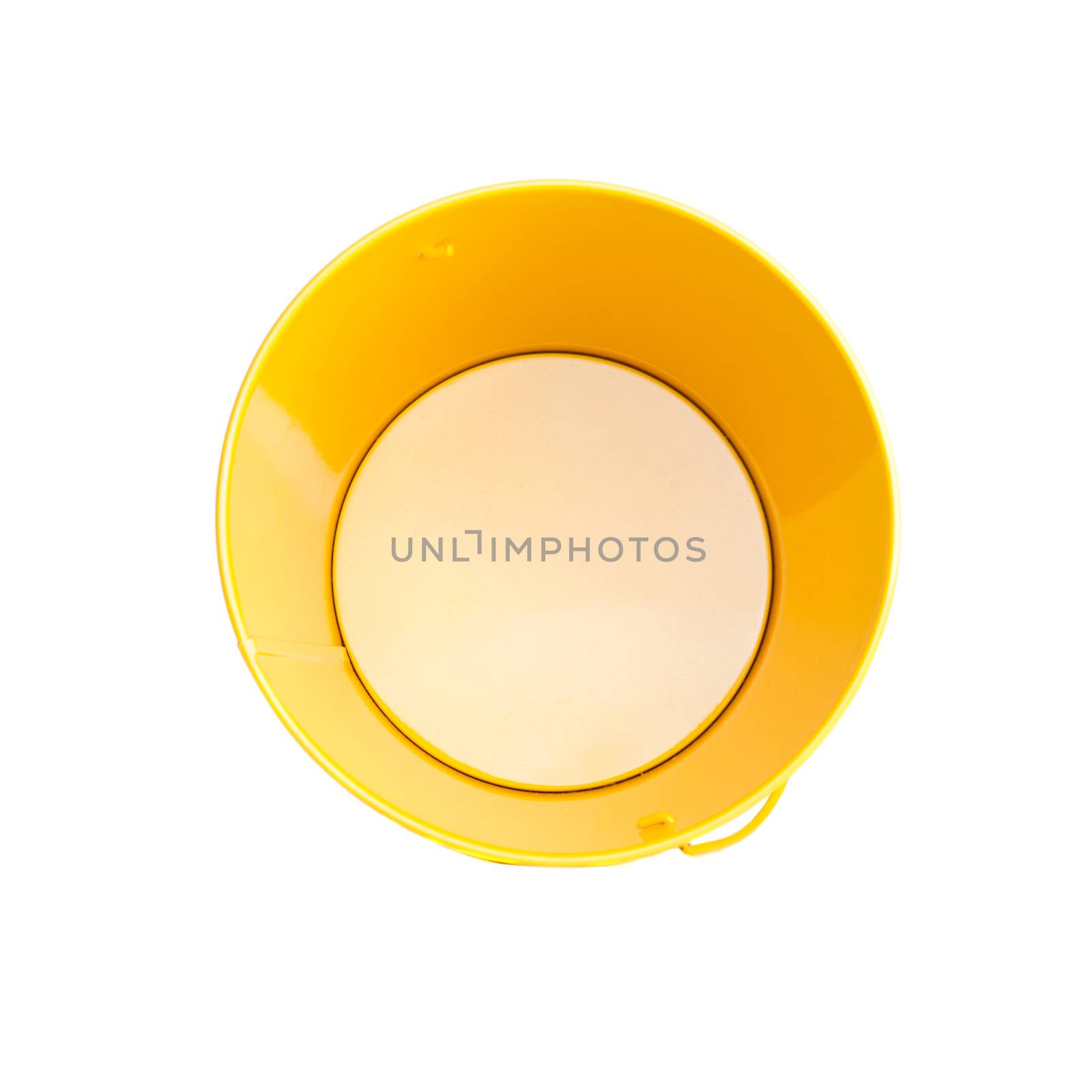 small yellow bucket isolated on white background, top view