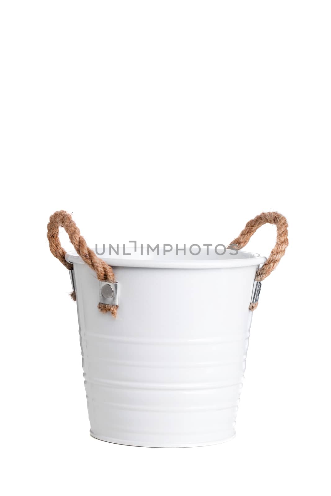 small white bucket with rope handles, isolated on white background