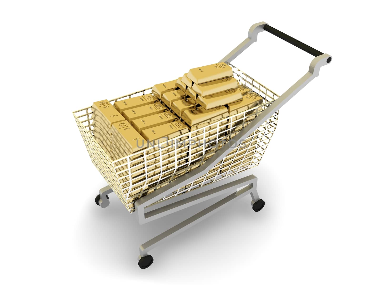 Stacked gold bars in  shopping cart,  isolated on white background