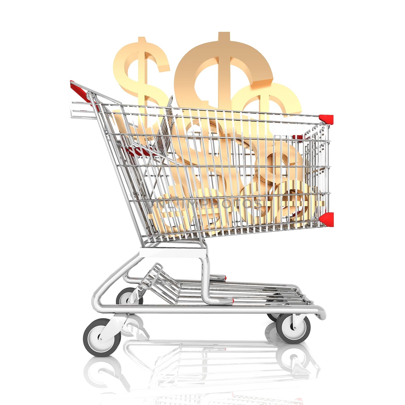 A shopping cart full with sign of american dollar isolated on white background