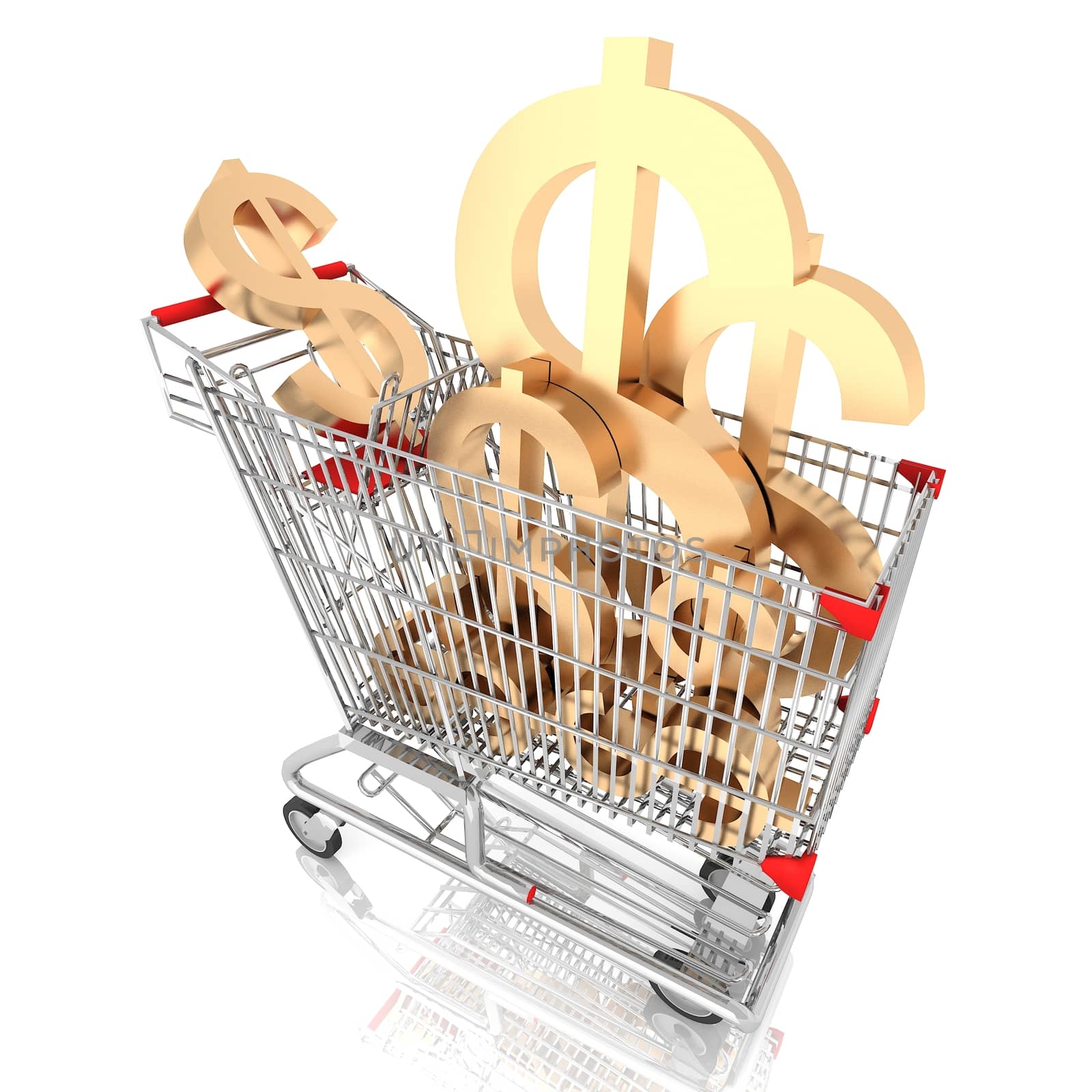 A shopping cart full with sign of american dollar isolated on white background