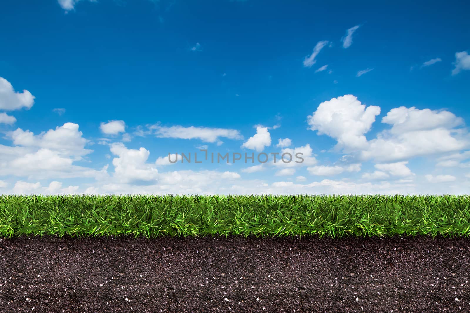 green grass with soil on blue sky.,3d rendering