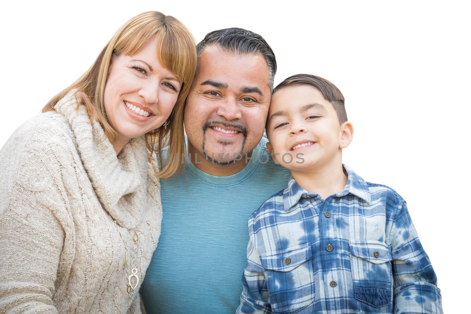 Happy Mixed Race Hispanic and Caucasian Family Isolated on a White Background. by Feverpitched