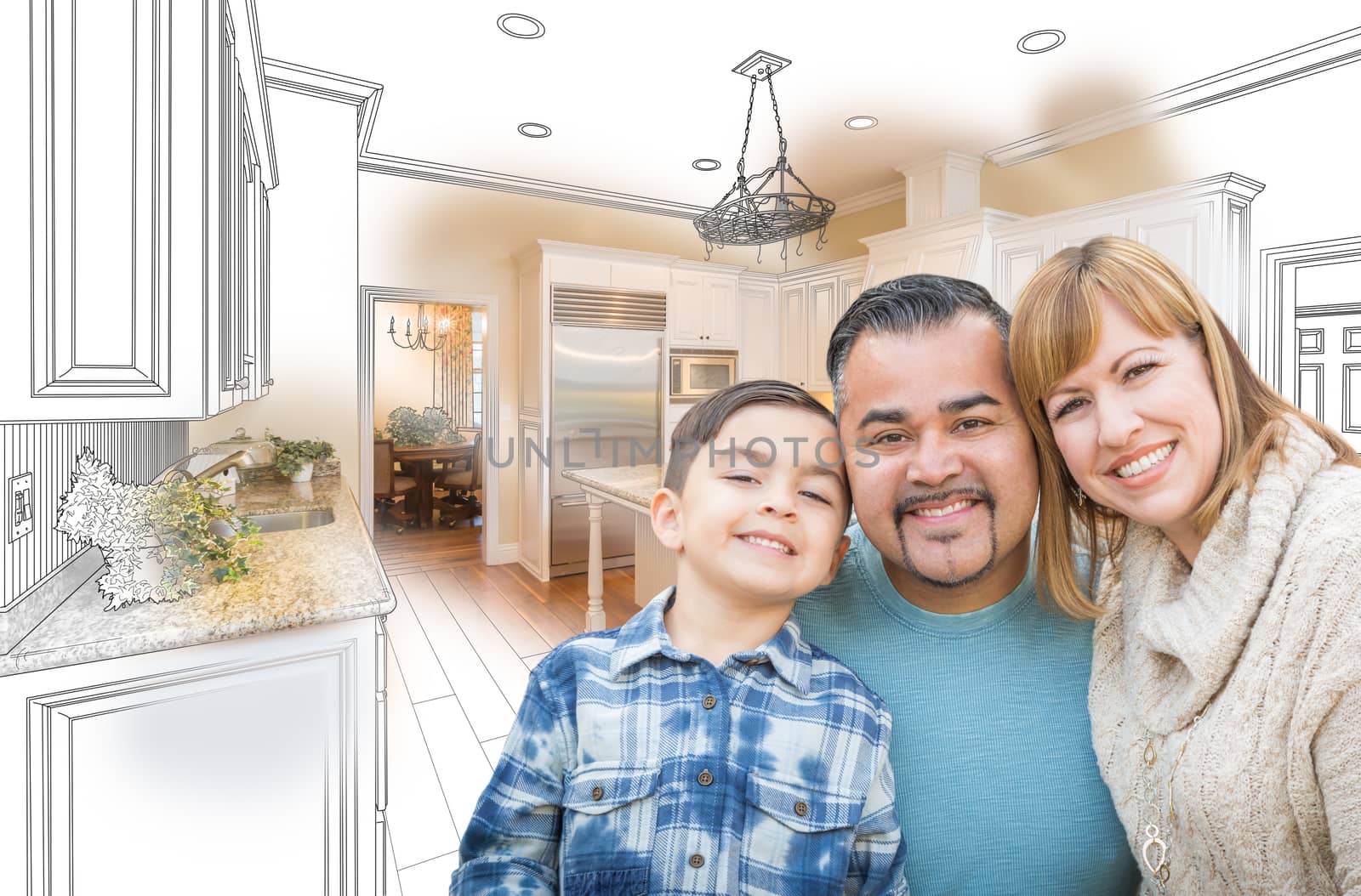 Young Mixed Race Family Over Kitchen Drawing with Photo Combination